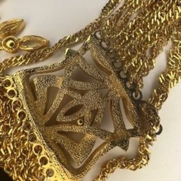 Vtg D'ORLAN Etruscan revival fringe tassel gold tone necklace 70's 26" - Picture 3 of 10